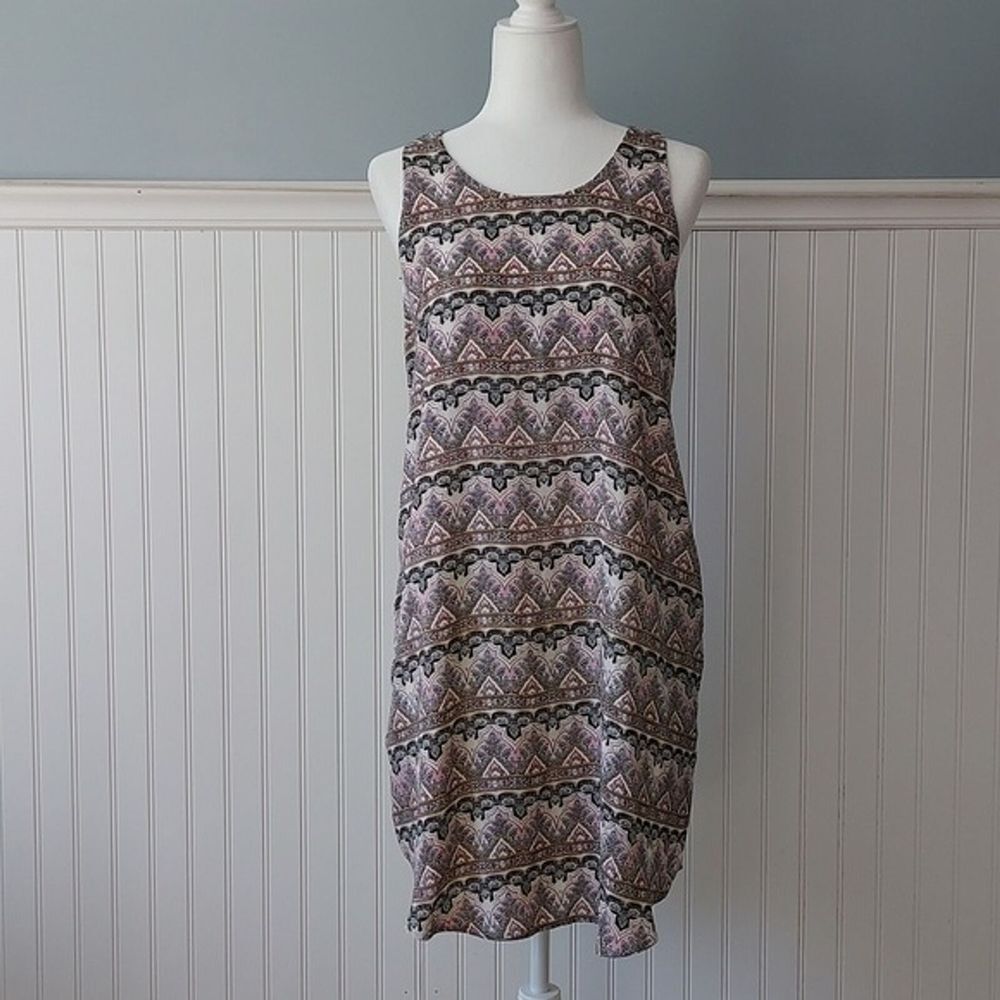 XL Ivory Black Taupe Geometric Print Sleeveless Shift Dress Boho Tribal Moroccan